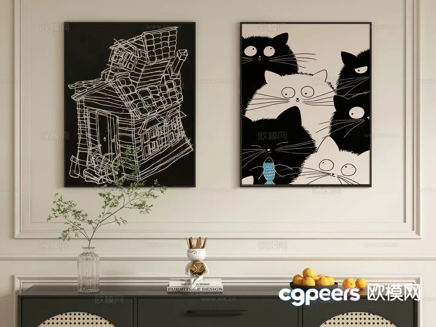 Decorative painting black and white painting hanging painting 3d model