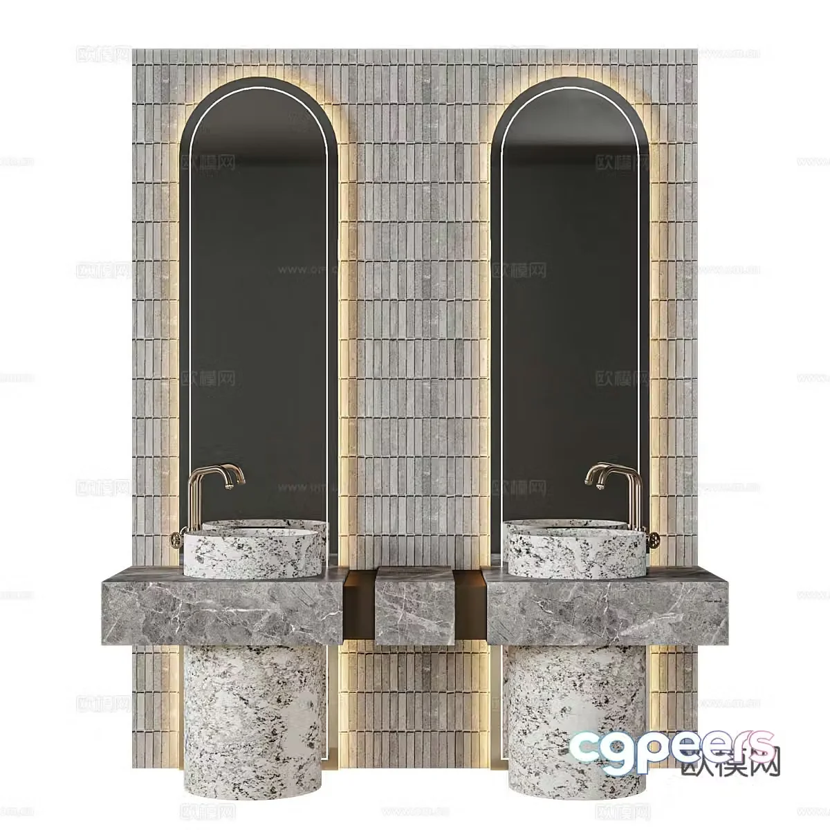 New Chinese style bathroom cabinet double basin wash basin standing wash basin 3D model
