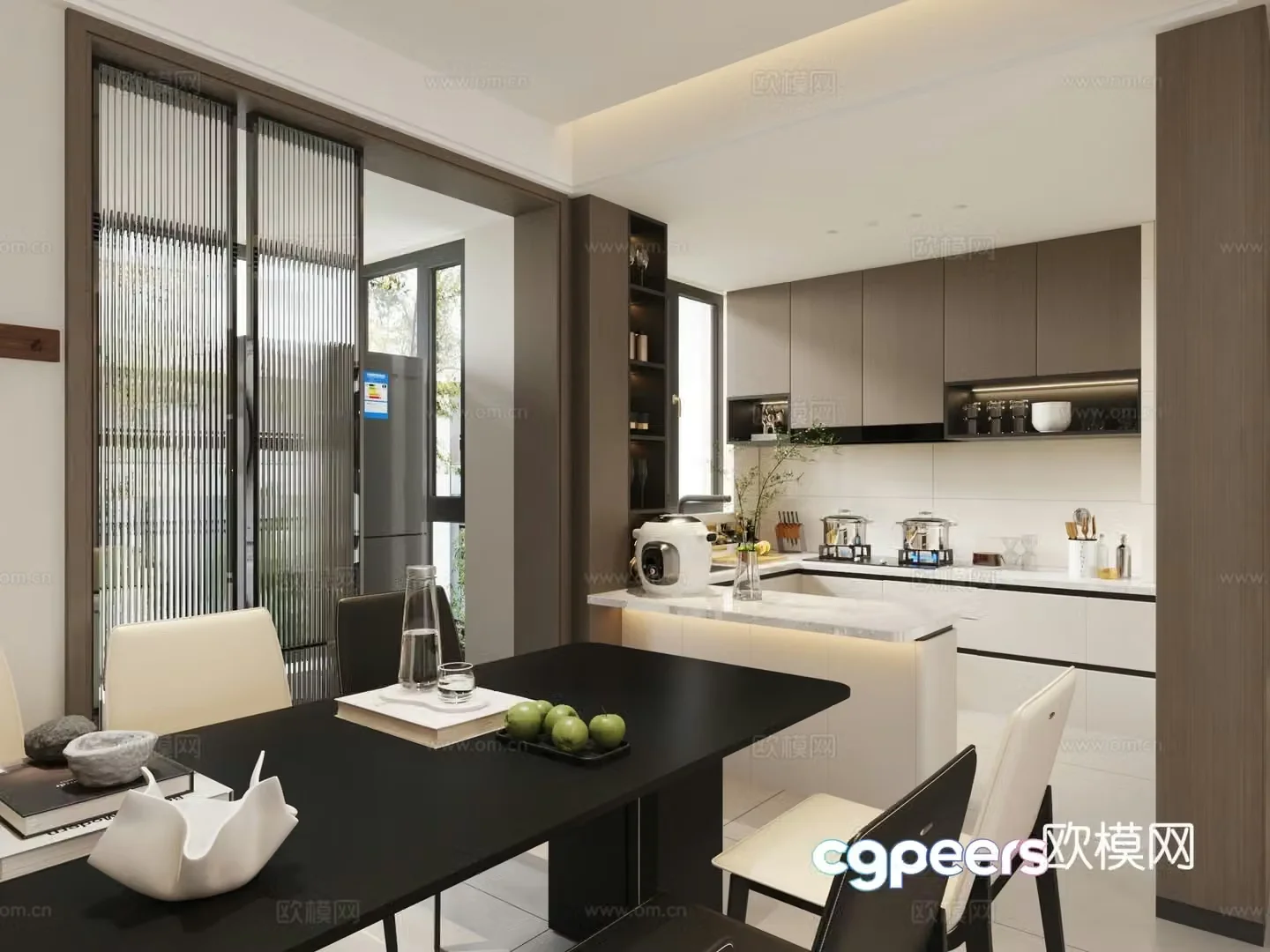 Black white and gray open kitchen restaurant 3d model