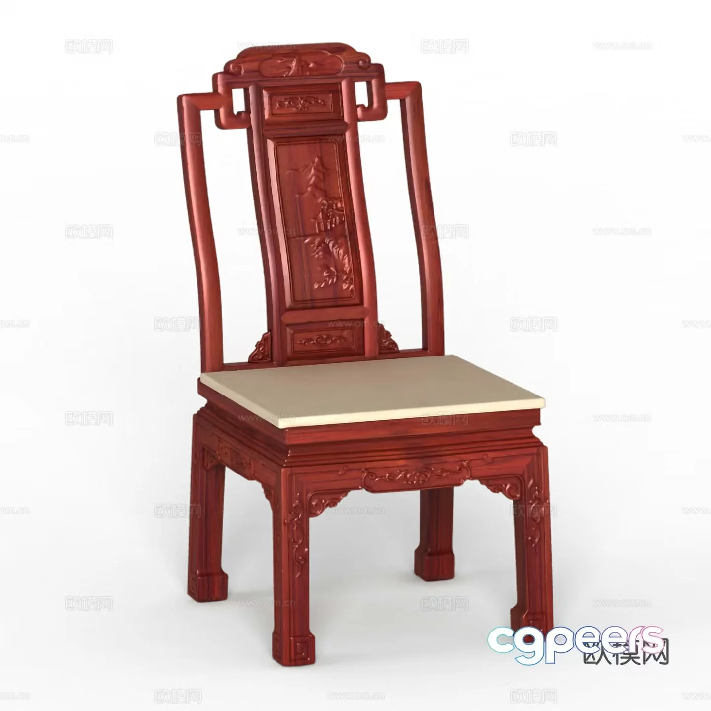 Chinese dining chair carved solid wood mahogany 3D model