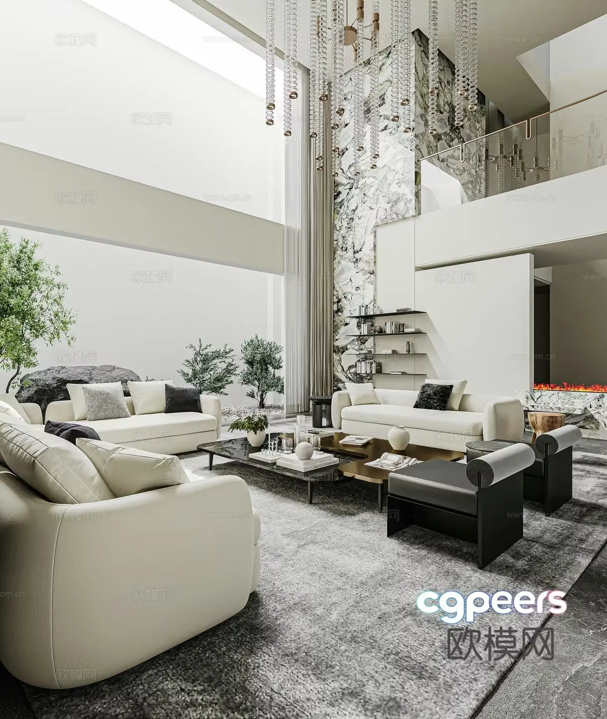 Modern light luxury basement living room alcohol fireplace luxury stone sofa and coffee table combination crystal chandeliers 3D model