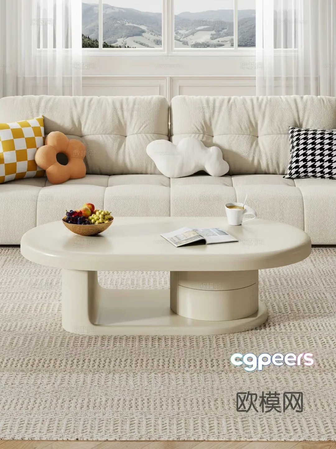 Creamy living room coffee table sofa coffee table combination decoration 3d model