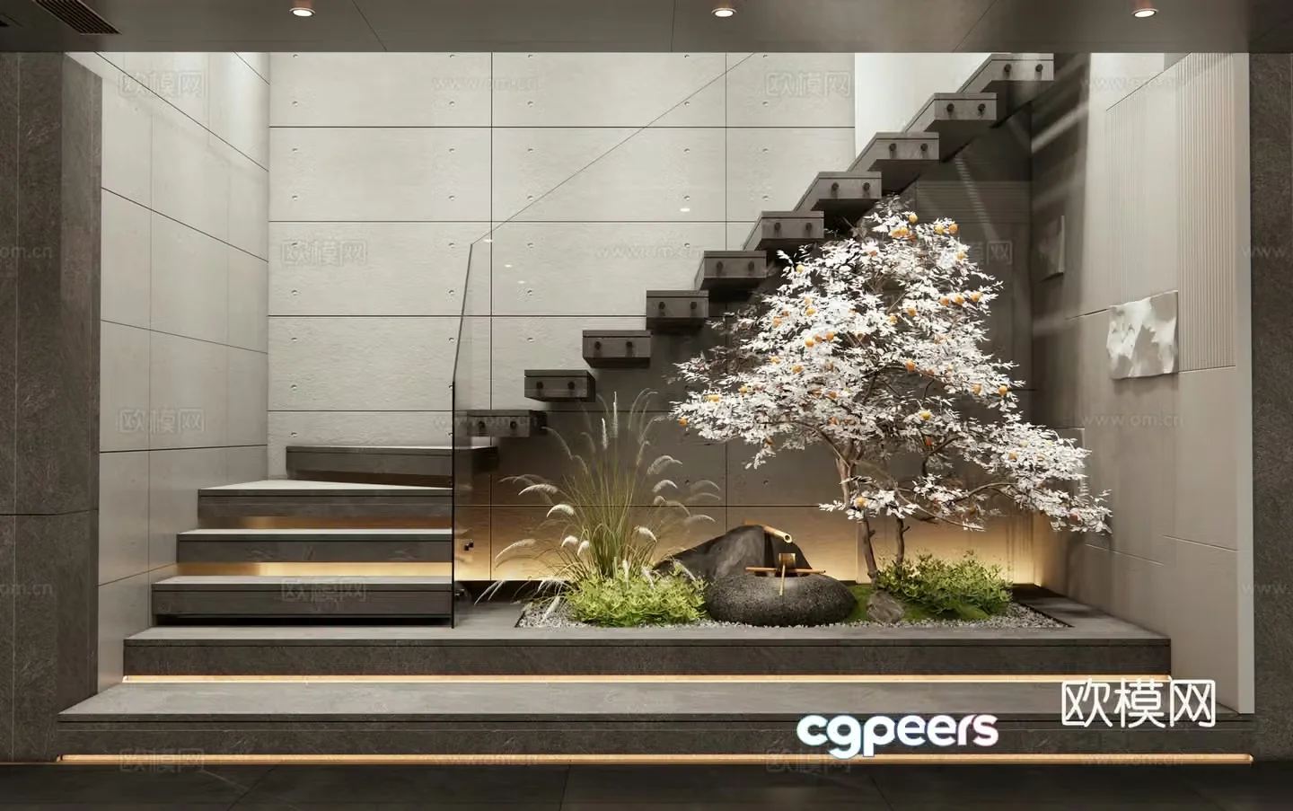 Modern stairwell Plant landscape Garden sketch Water view Water bowl Dog tail grass Flowers and plants 3D model
