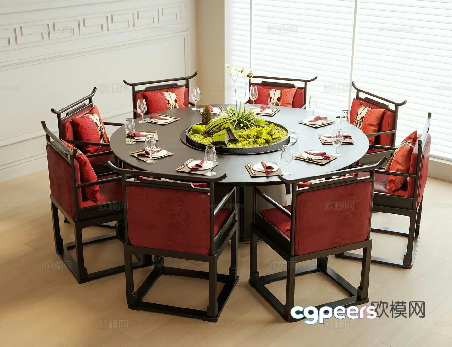 New Chinese dining table and chairs Round dining table tableware Dining chair 3d model