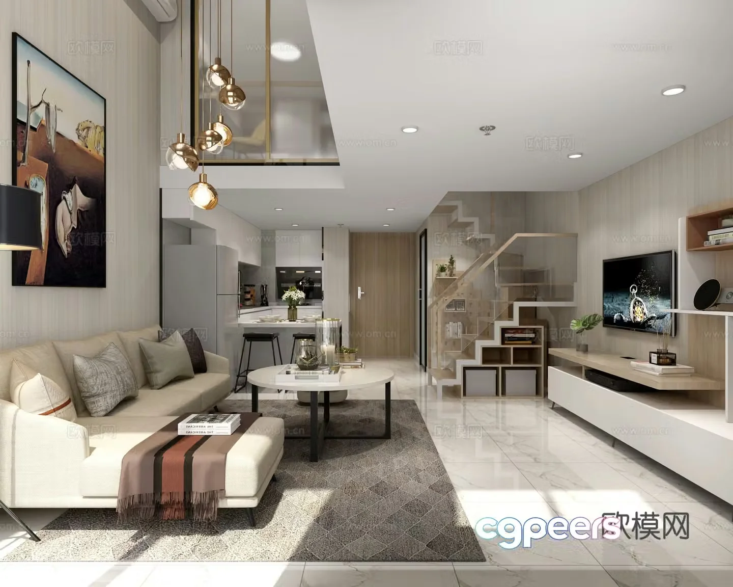 Modern light luxury living room loft living dining room duplex living room sofa TV cabinet dining 3D model