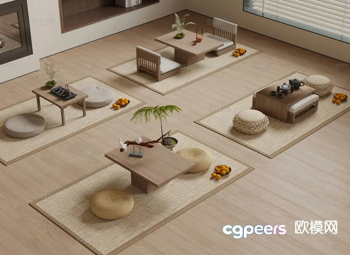 Japanese tea table and chair futon tatami 3d model