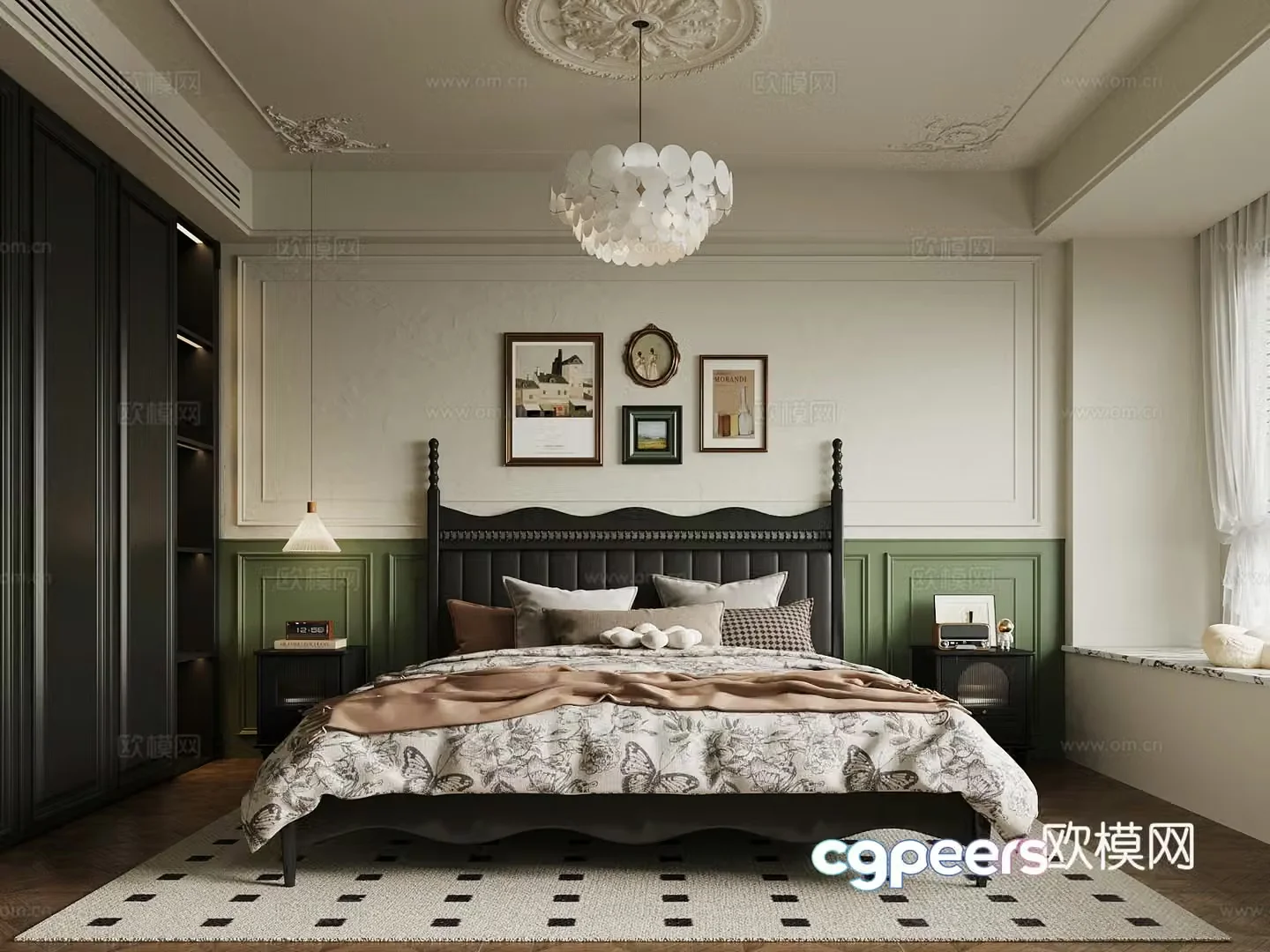 French bedroom double bed nightstand wardrobe 3d model