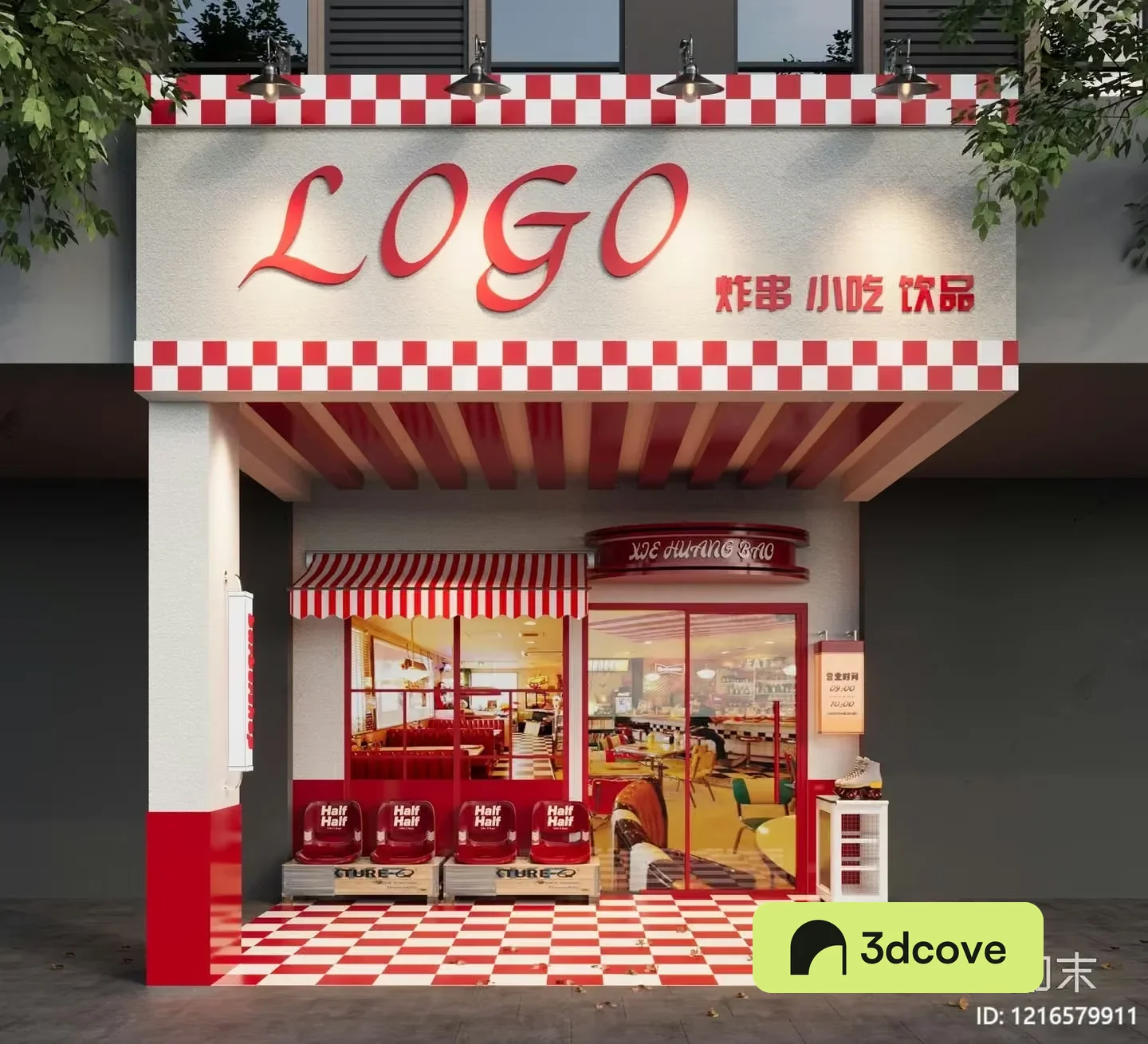 A Storefront With A Red And White Checkered Pattern