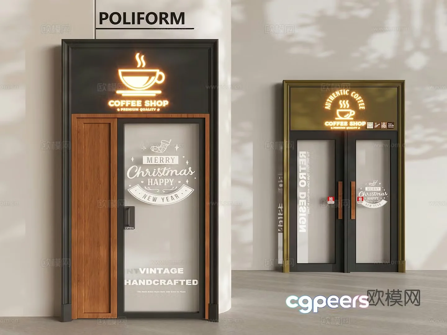 Coffee shop glass side door medieval style coffee shop double door 3D model