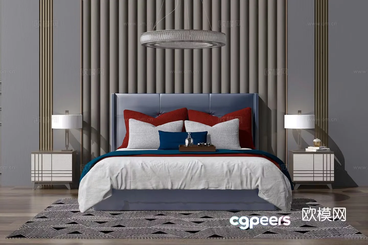Modern double bed Chinese style bed Nordic bed simple European bed Double bed Chinese style bed head background 3D model