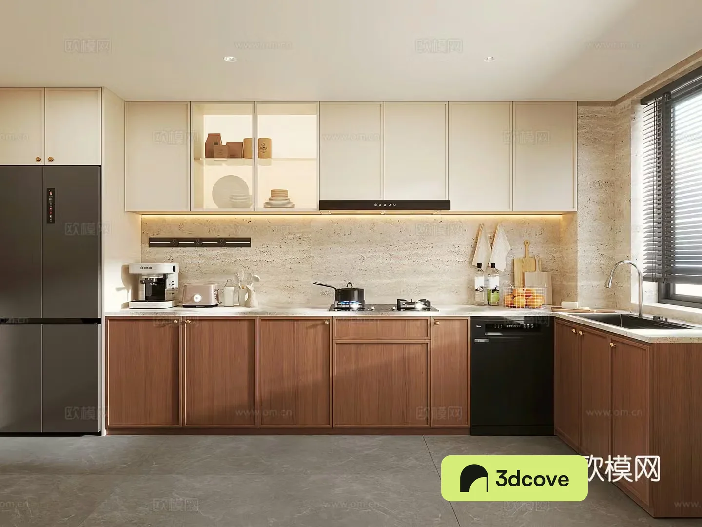 Modern medieval style kitchen cabinets hood stove refrigerator kitchen ornaments dishwasher