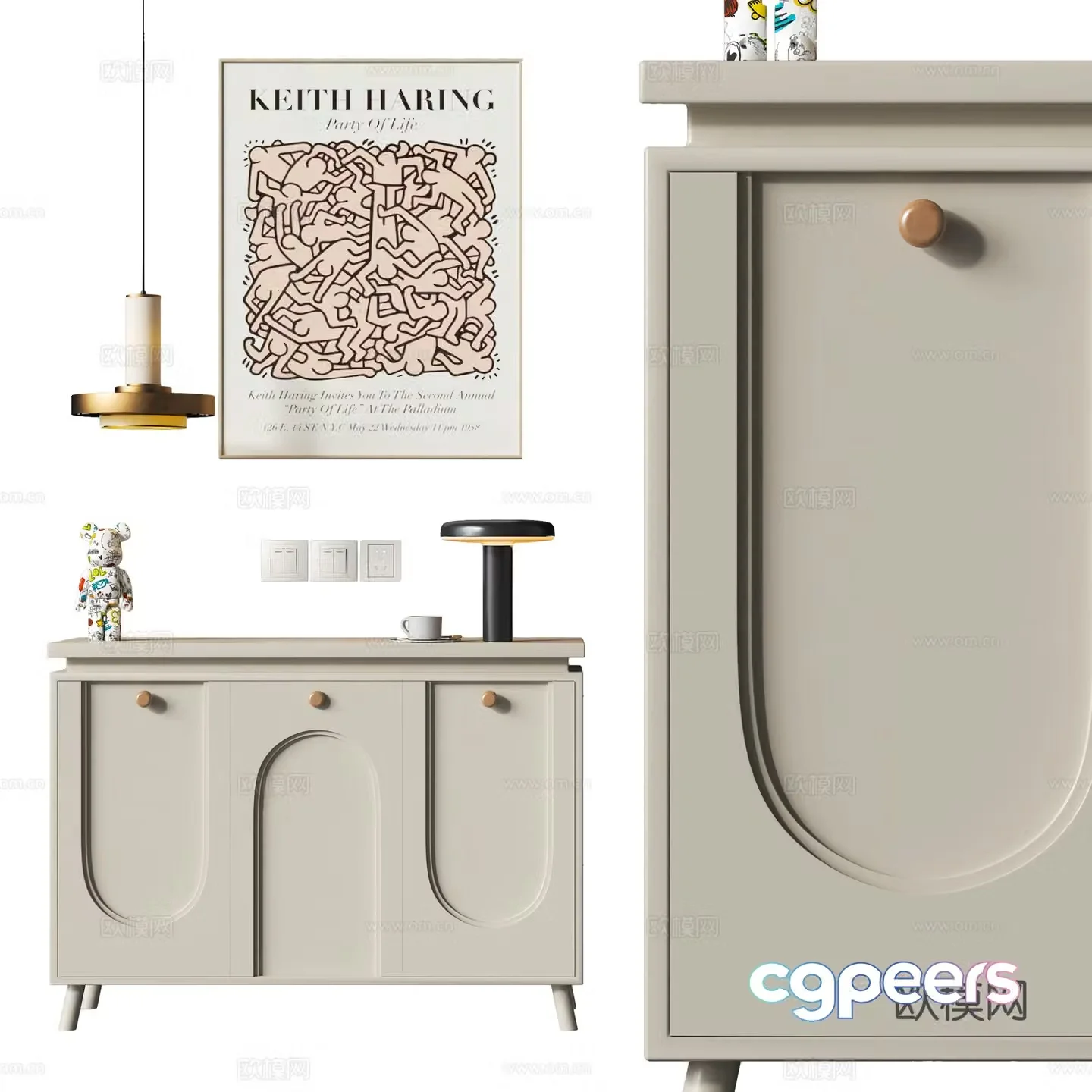 Modern creamy side cabinet decorative ornament 3D model