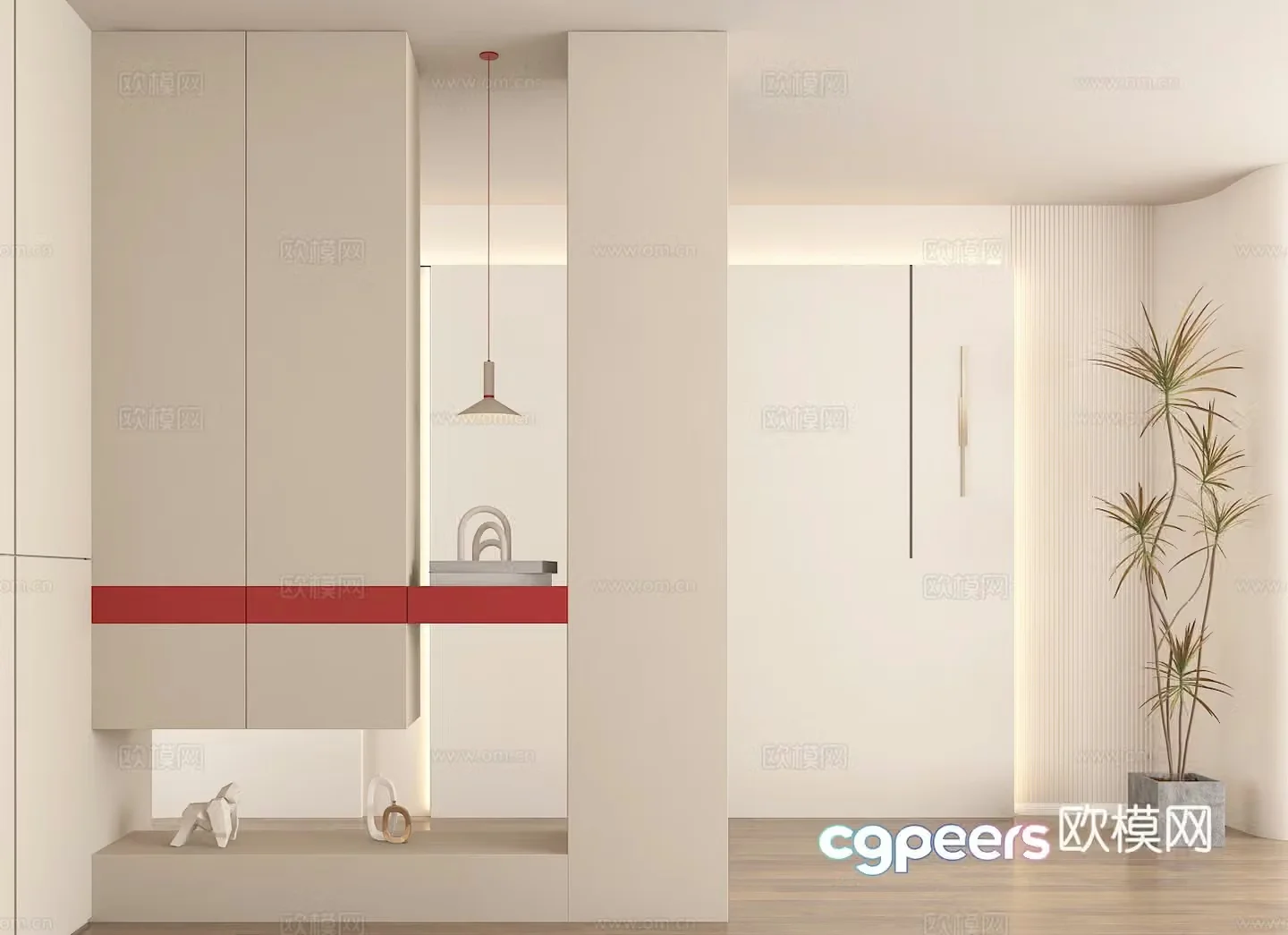 Household entrance design light color decoration red embellishment elements simple lamps green plant decoration 3D model