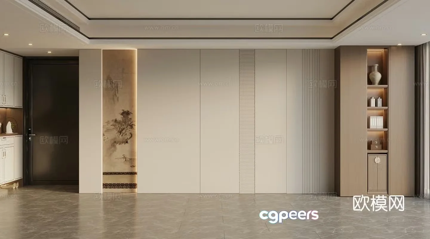 New Chinese style Living room background wall Sofa background wall Wooden veneer Hard package 3D model