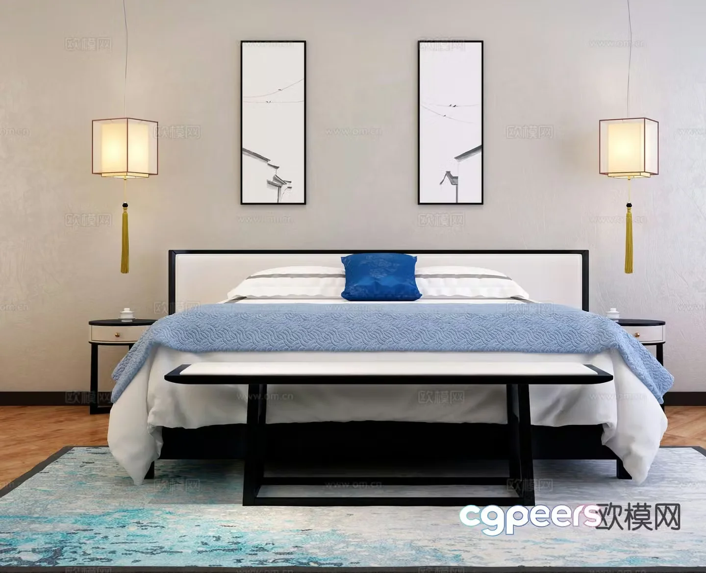 New Chinese style double bed 3d model