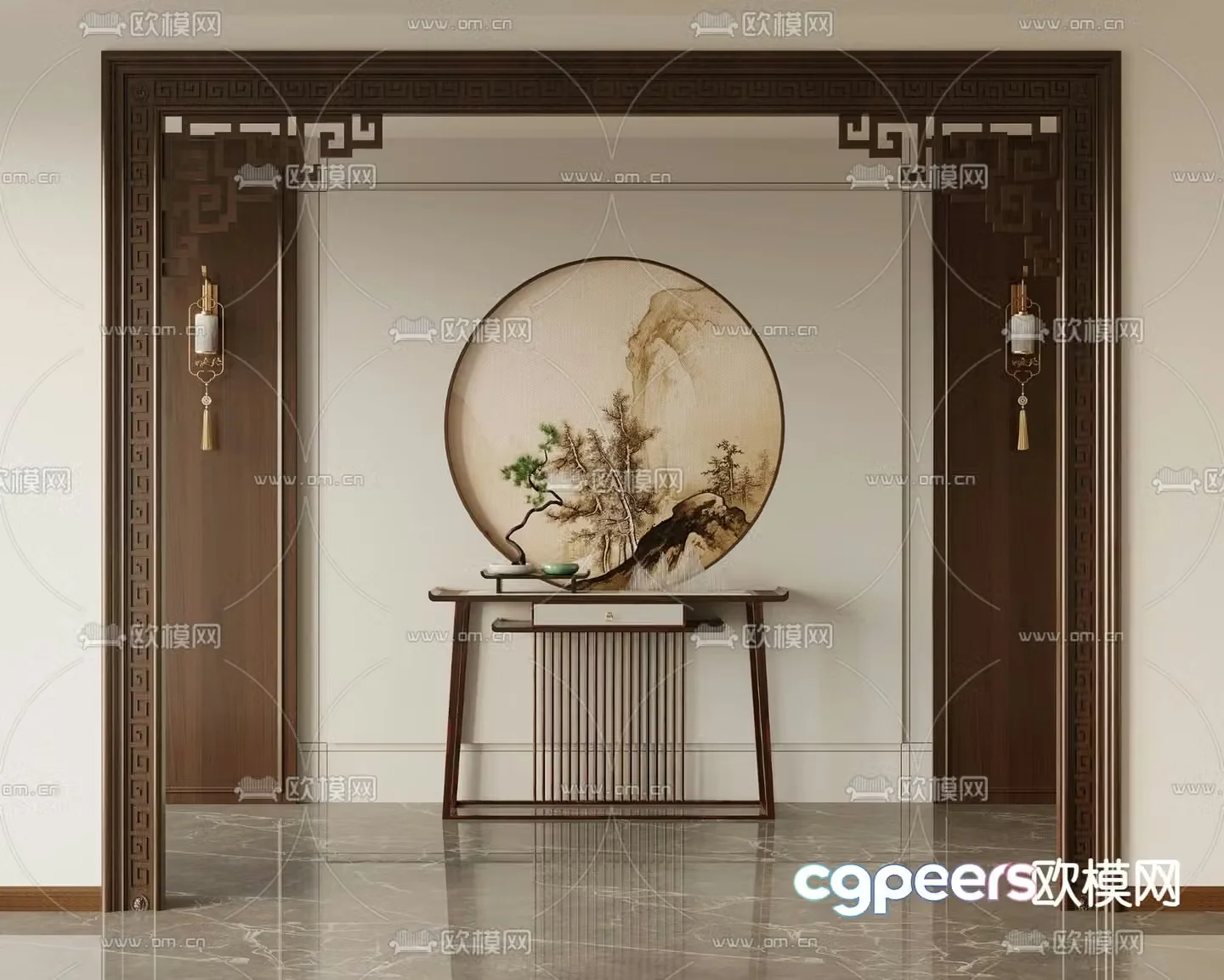 New Chinese style pass door frame door frame end view platform 3D model