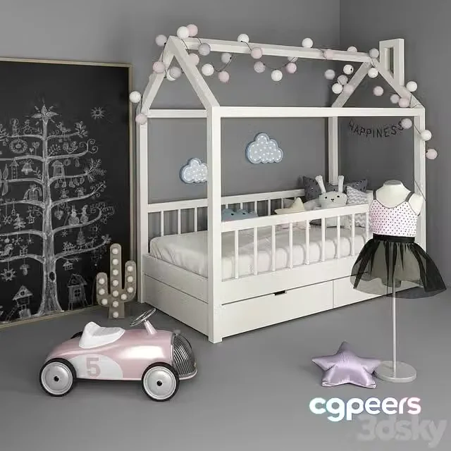 3ds Max Free – Bed house with a set of accessories for a nursery 2