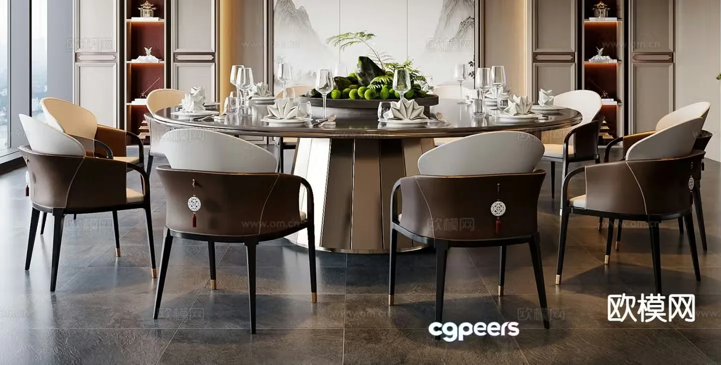 New Chinese style box dining table and chairs 3D model