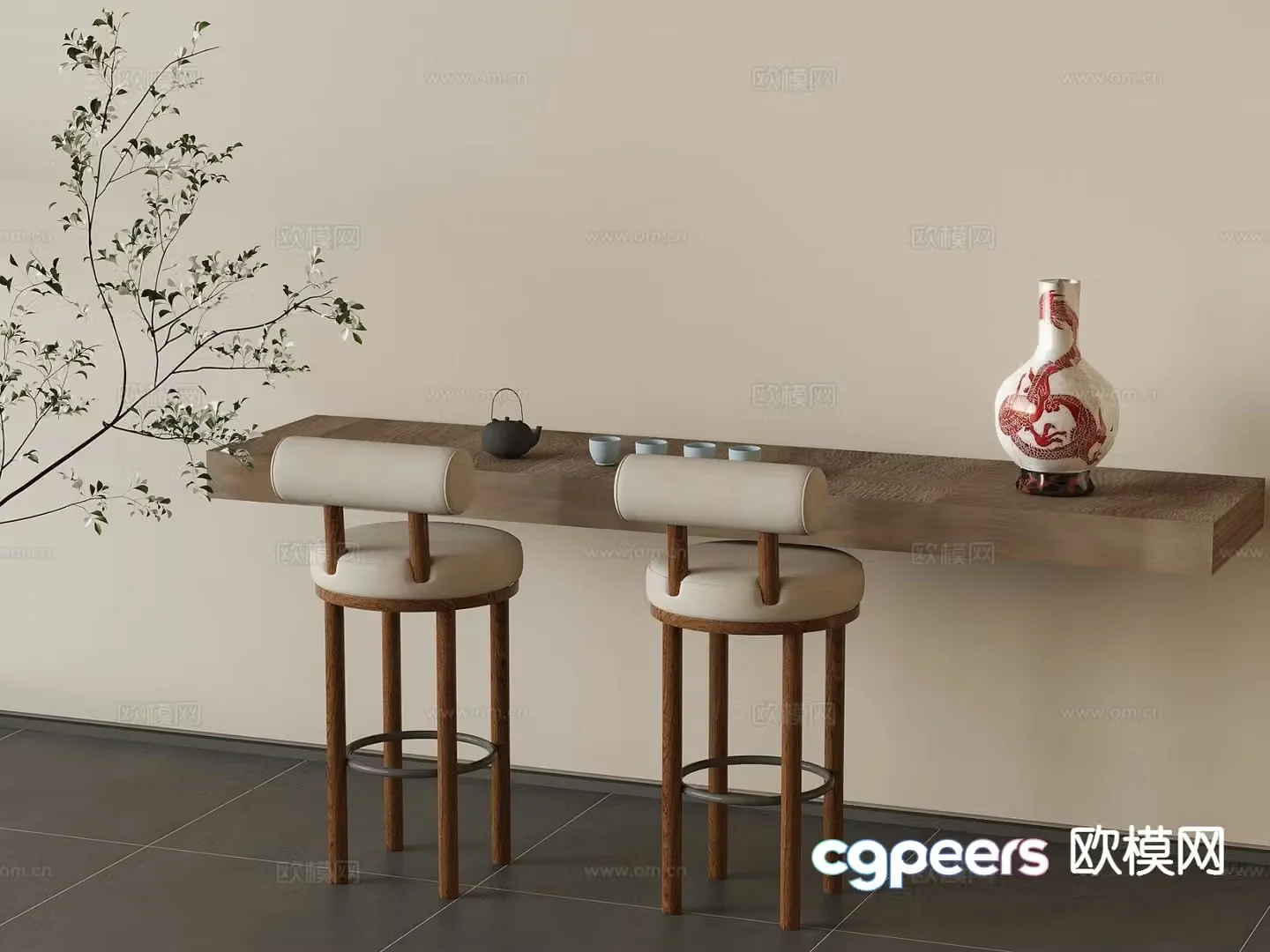Medieval style solid wood bar stool 3D model