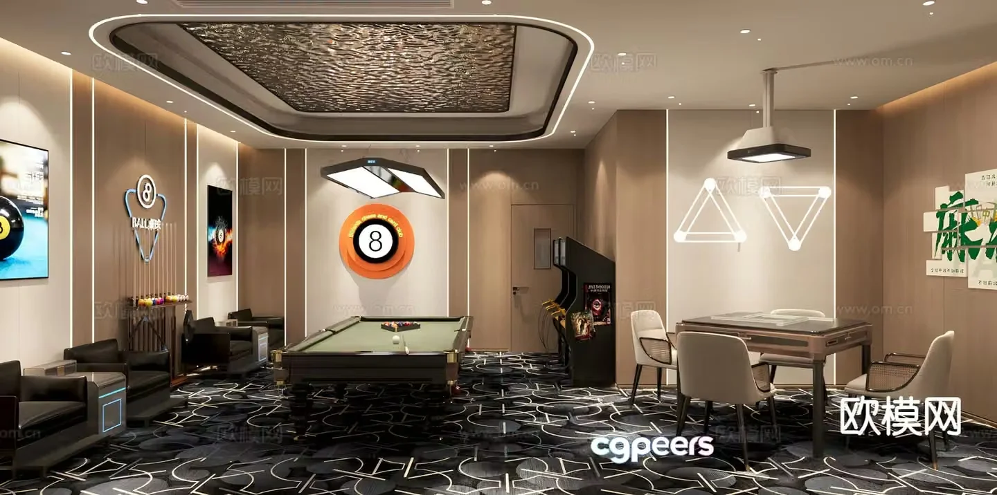 Modern billiard room chess and card room 3d model