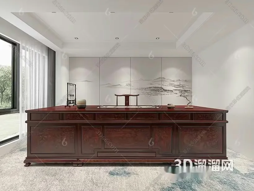 A Large Dark Wood Desk 3D Model – 15817 – VRAY Render