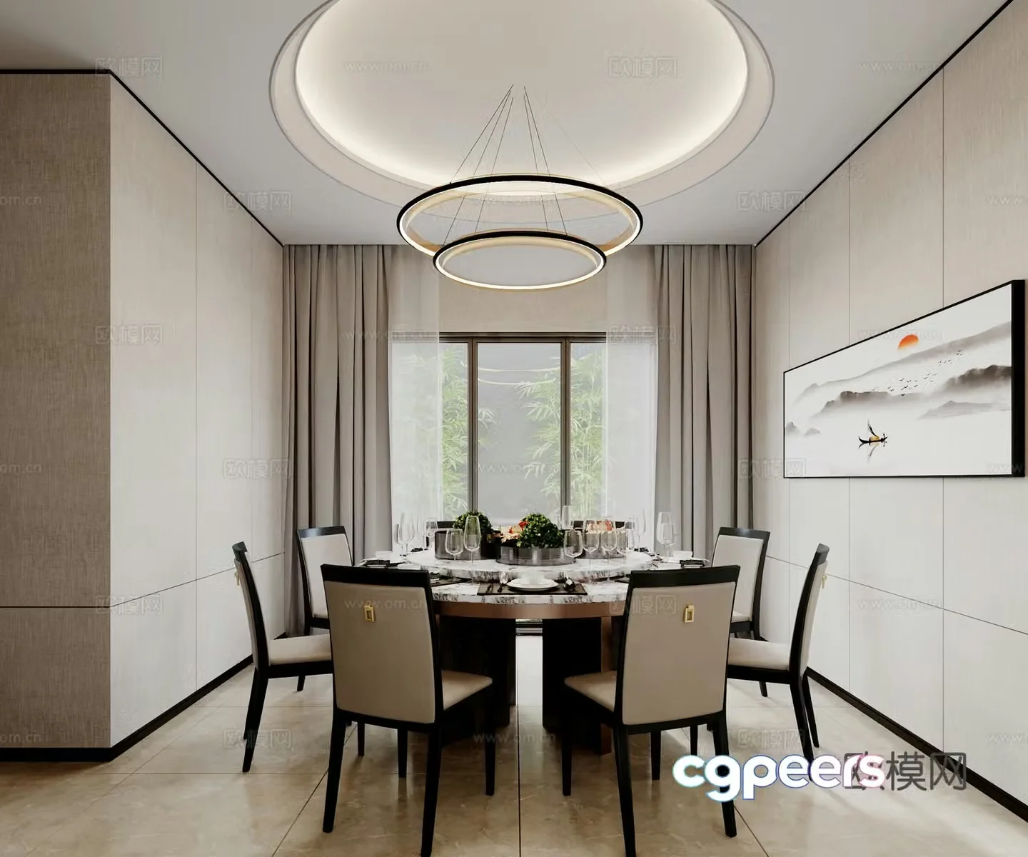 New Chinese restaurant dining table dining chair tableware chandelier painting curtains private room 3D model