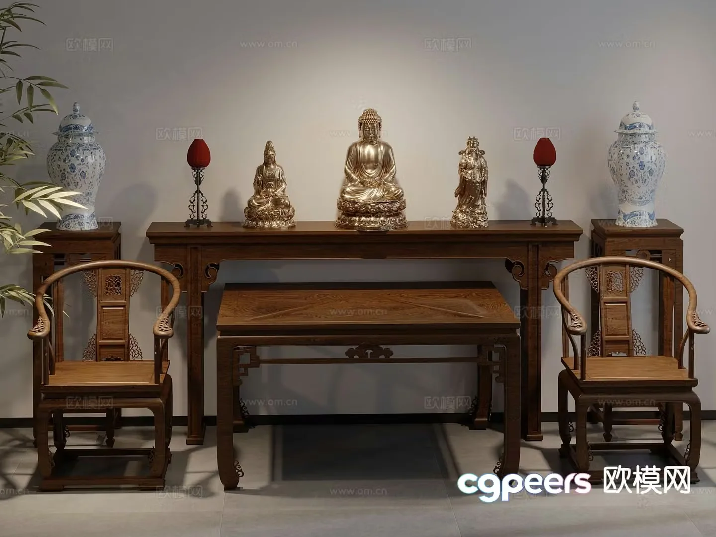 New Chinese style Buddhist niche Buddha statue altar 3D model