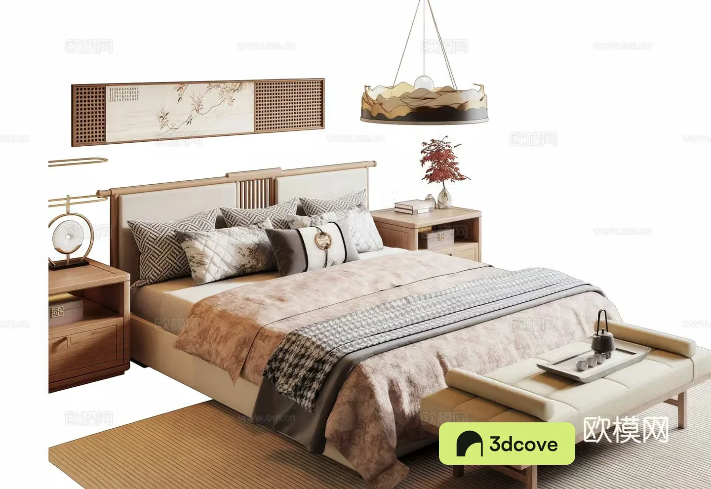 New Chinese Song style double bed chandelier bed nightstand decorative painting