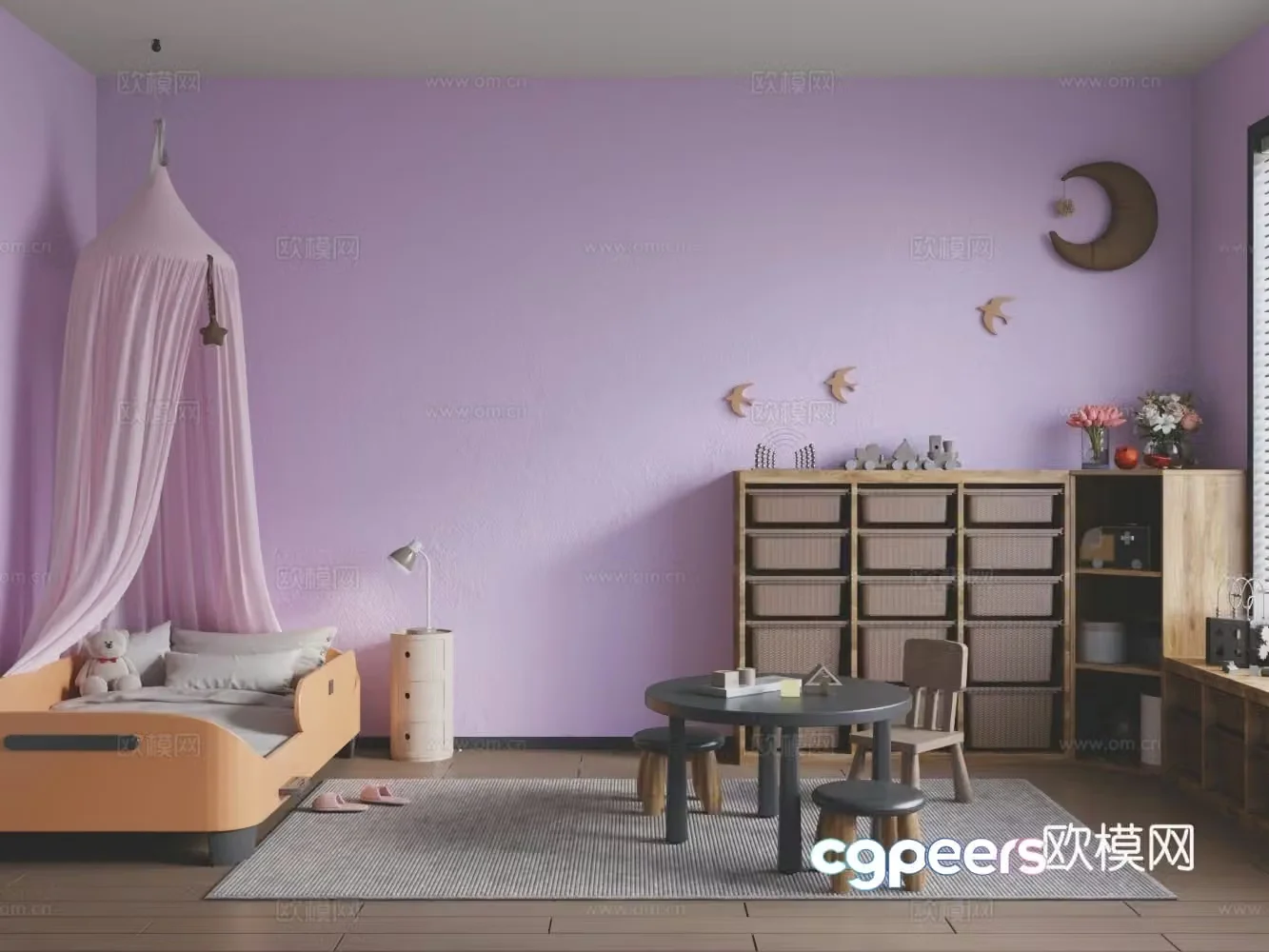 Modern bedroom children’s room children’s bed round table and chair combination solid wood high and low cabinet 3D model