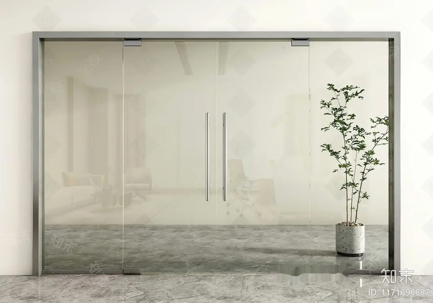 A Glass Door With A Plant 3D Model – 1845 – VRAY Render