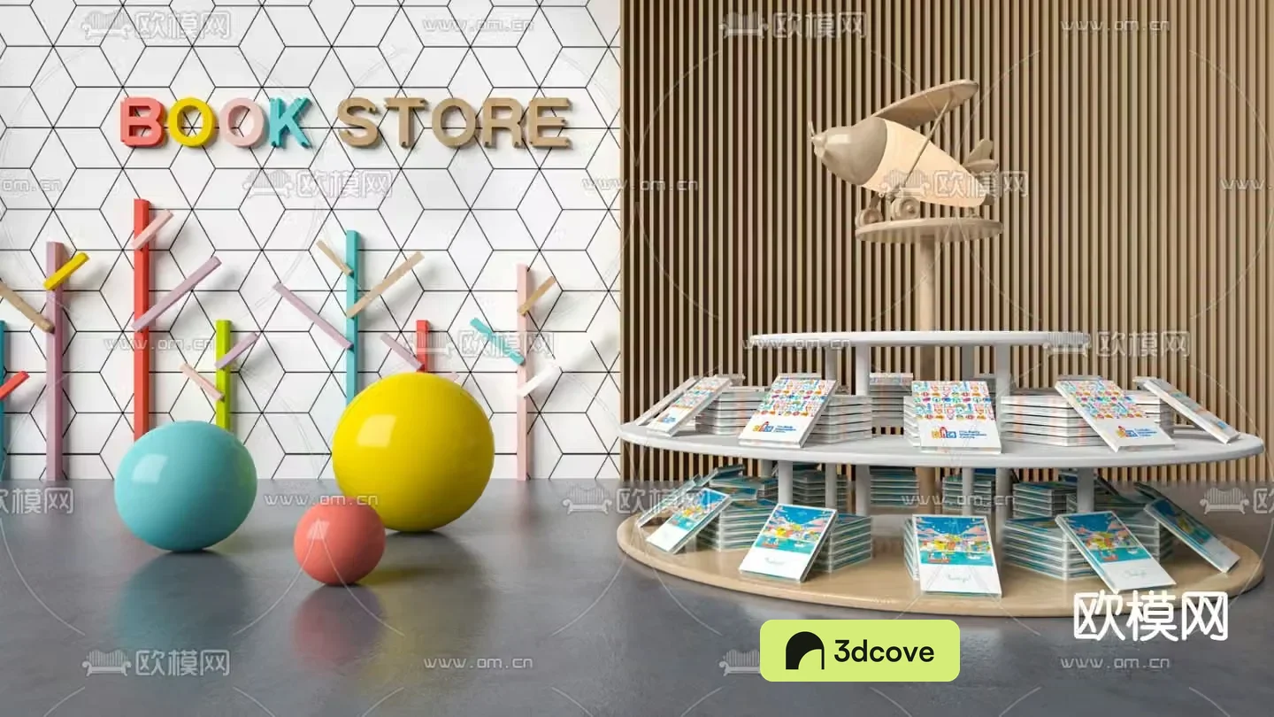 Modern children’s bookstore bookshelf