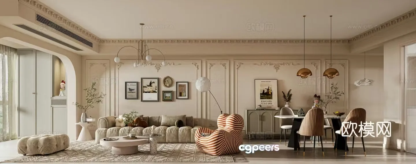 French retro living room and dining room French retro sofa coffee table combination 3D model