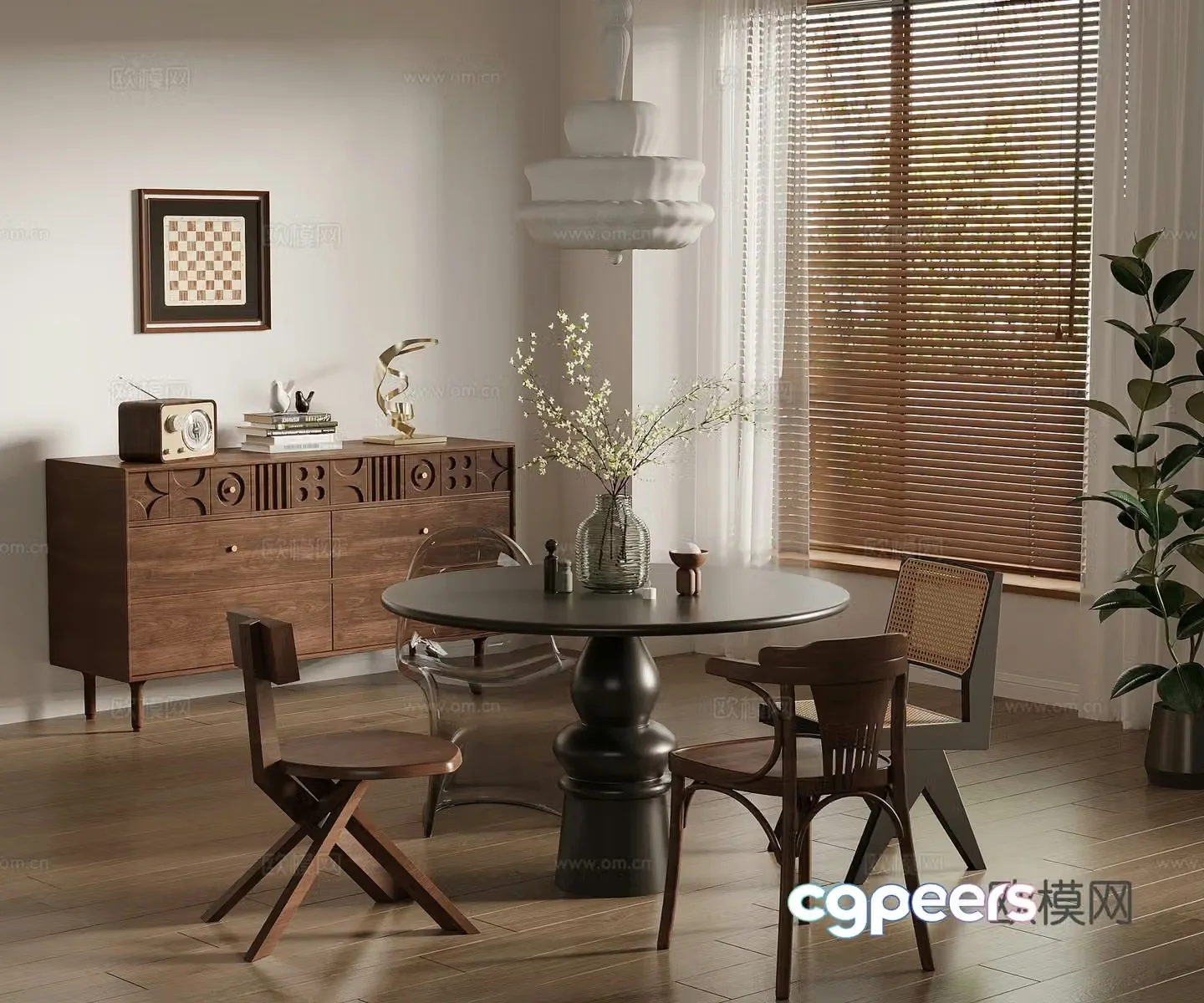 Restaurant Middle style restaurant Dining table and chair combination Sideboard Green plant 3D model