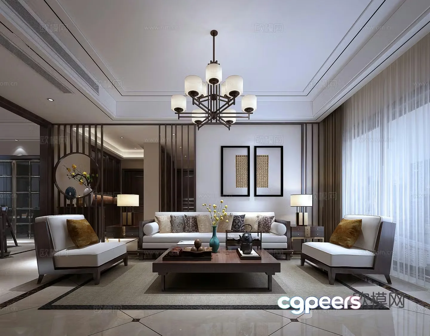New Chinese style modern Chinese living room sofa coffee table carpet chandeliers decorative painting partition 3d model