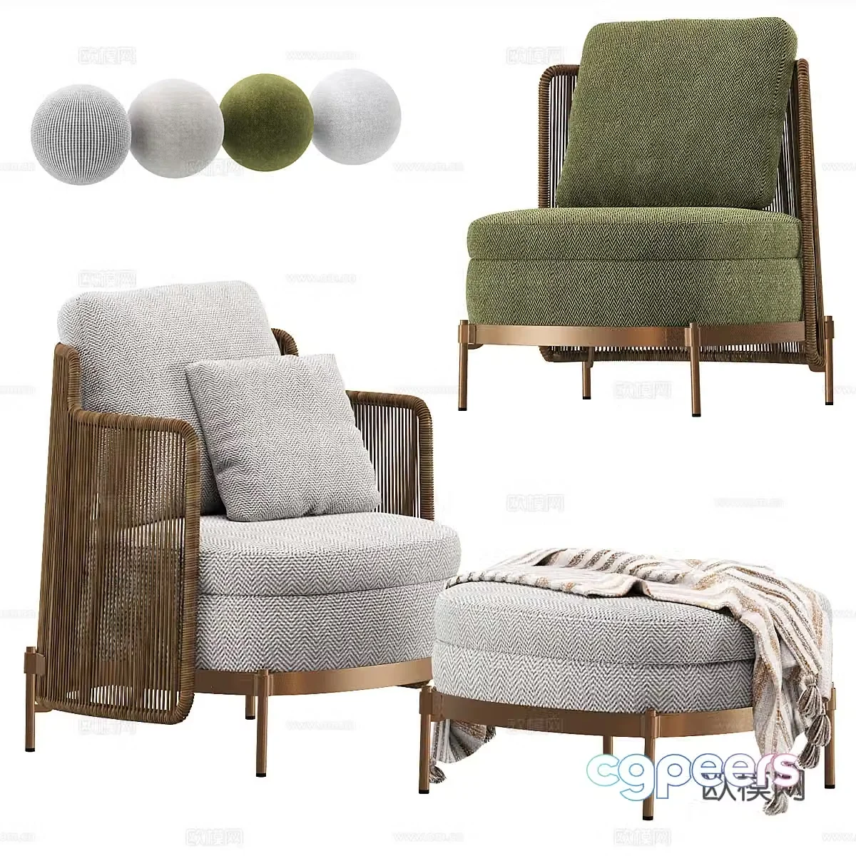 Modern Italian light luxury rattan fabric armchair 3D model