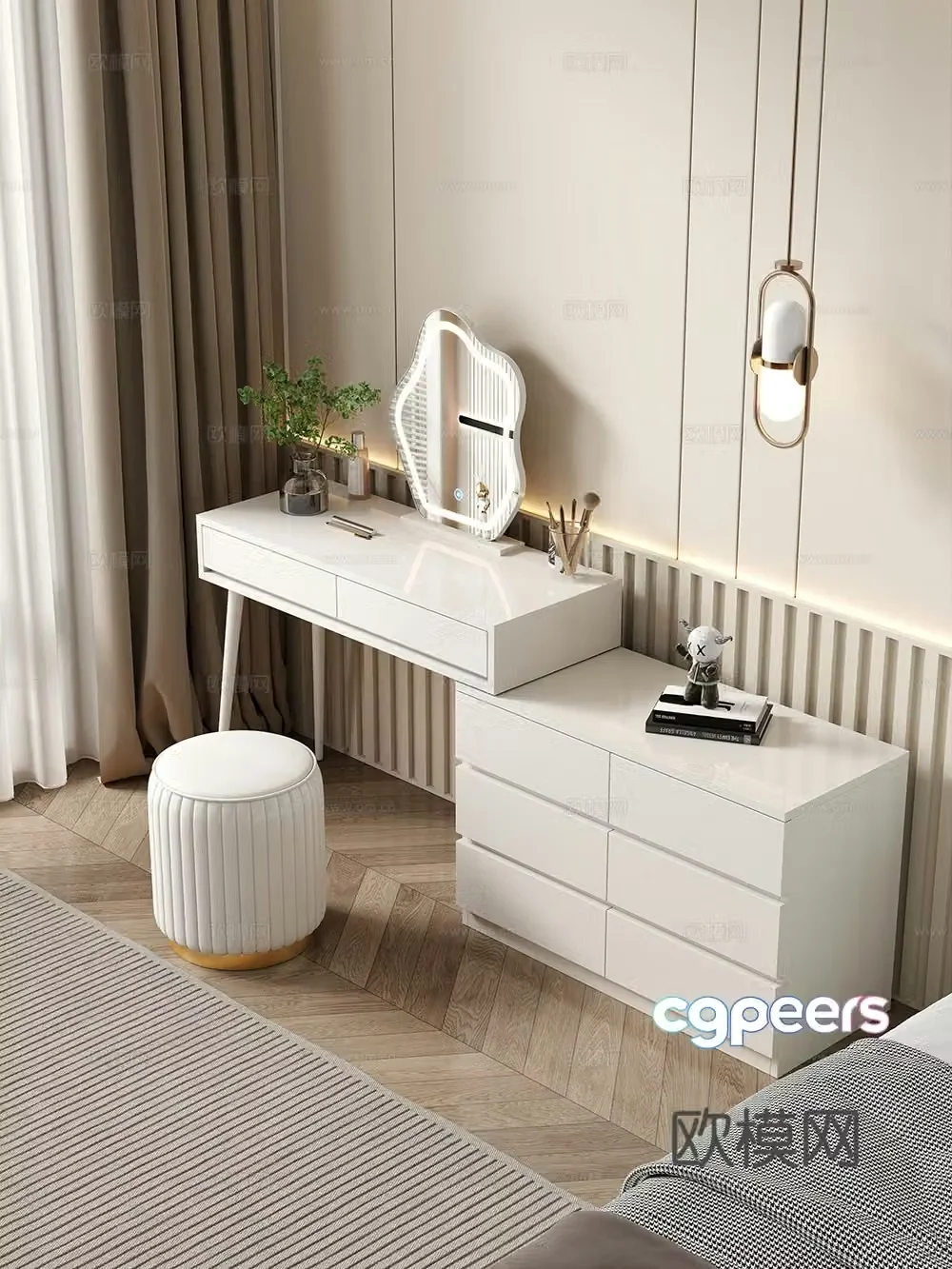 Modern makeup table makeup stool combination dressing table makeup stool mirror decoration hanging painting 3d model