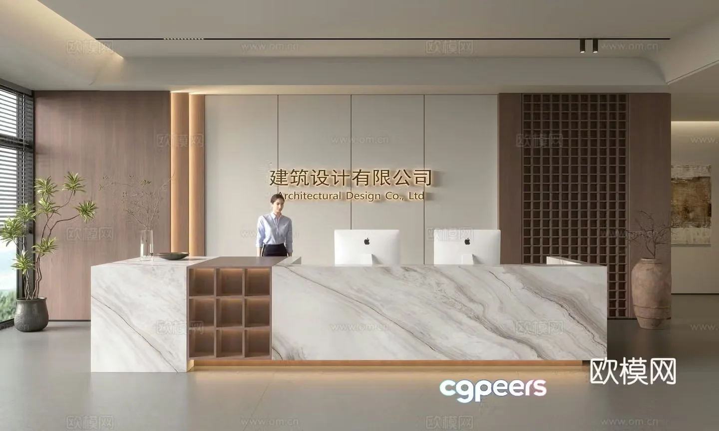 Modern company front desk reception area bar reception desk service desk company front desk background 3D model