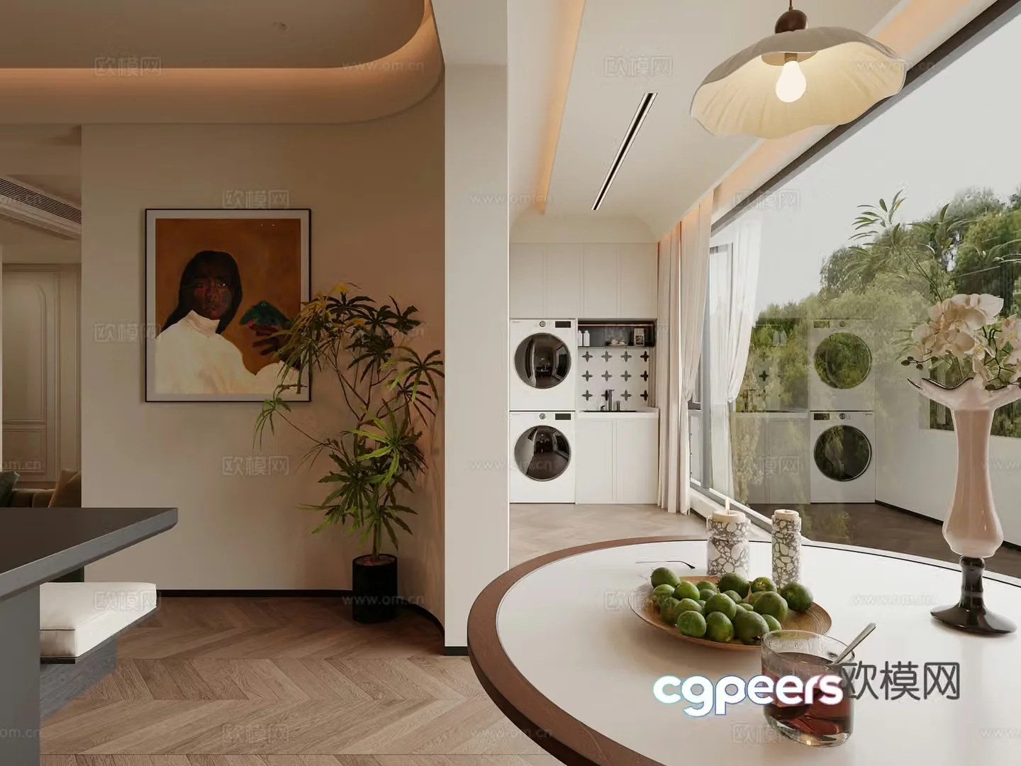 Medium style balcony washing machine hanging painting green plants invisible clothes rack storage cabinet balcony lounge area single chair 3D model