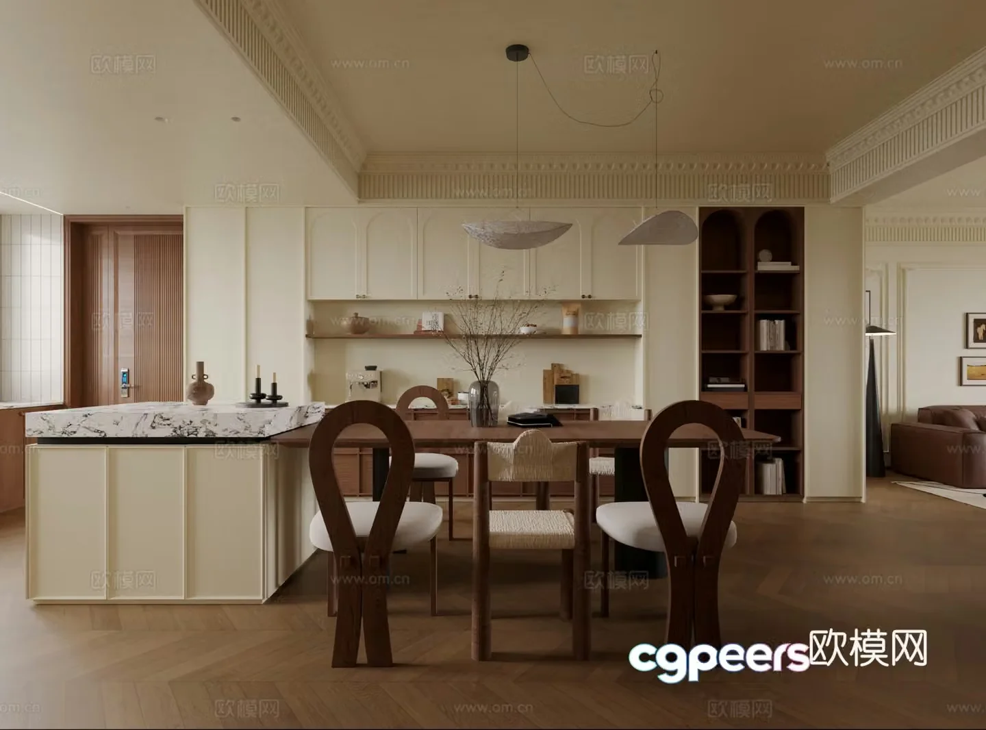 French medieval cream living and dining room island wine cabinet dining table chair combination chandelier 3d model