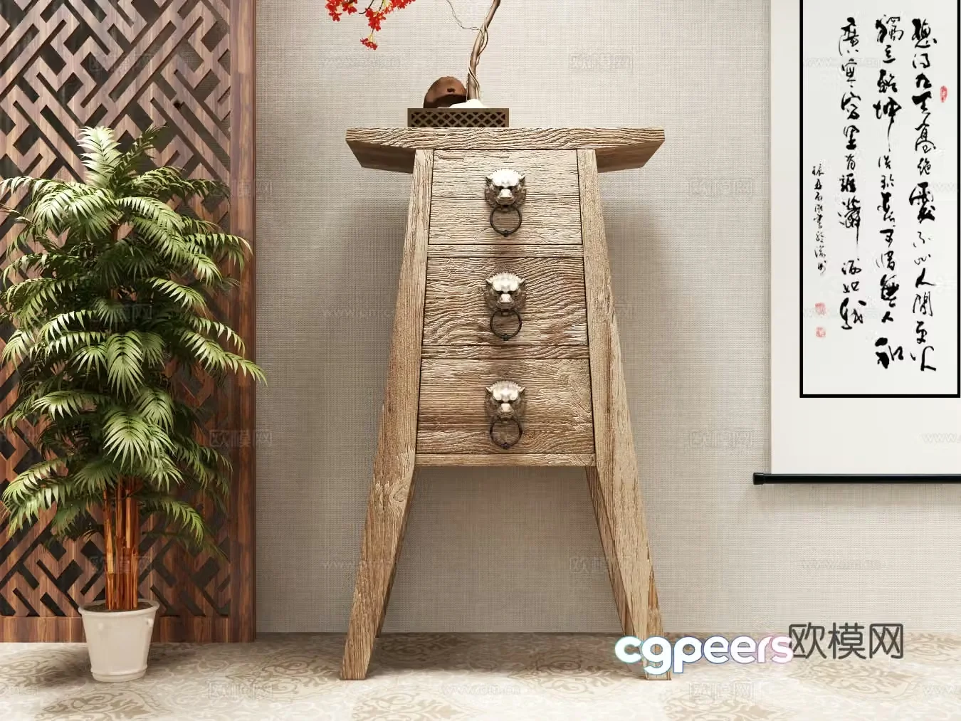 Zen Chinese style decoration cabinet green plant hanging painting 3D model