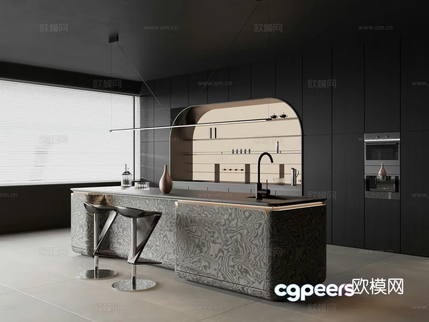 Modern restaurant Marble water bar Nakadao dining table Solid wood sideboard Wine cabinet Casual bar 3D model