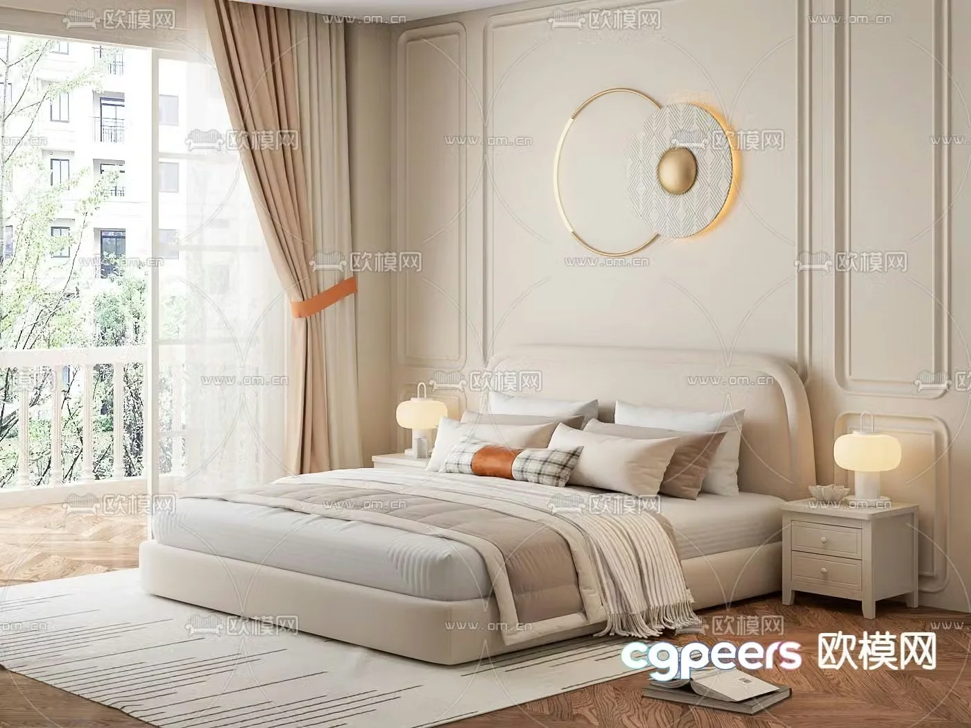 Cream style double bed 3d model