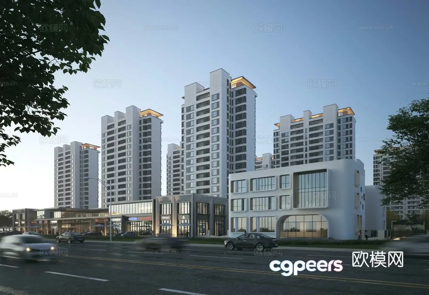 3D model of modern residential street commercial district