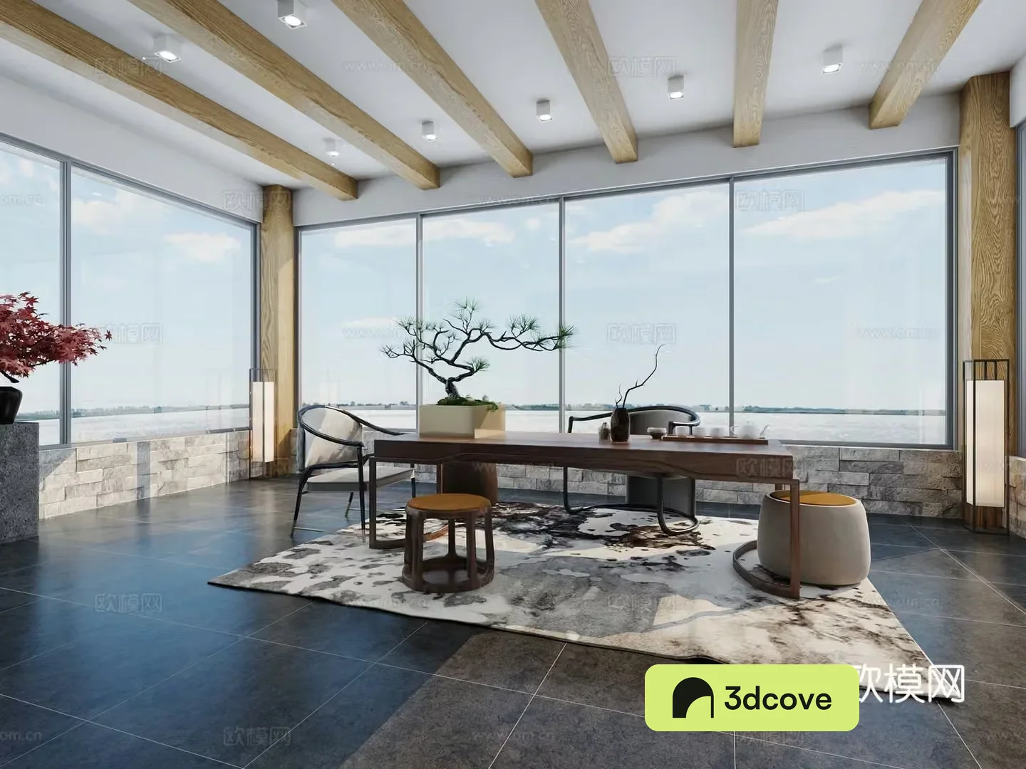 New Chinese-style tea room tea table tea chair Chinese-style potted round stool floor lamp carpet round pier