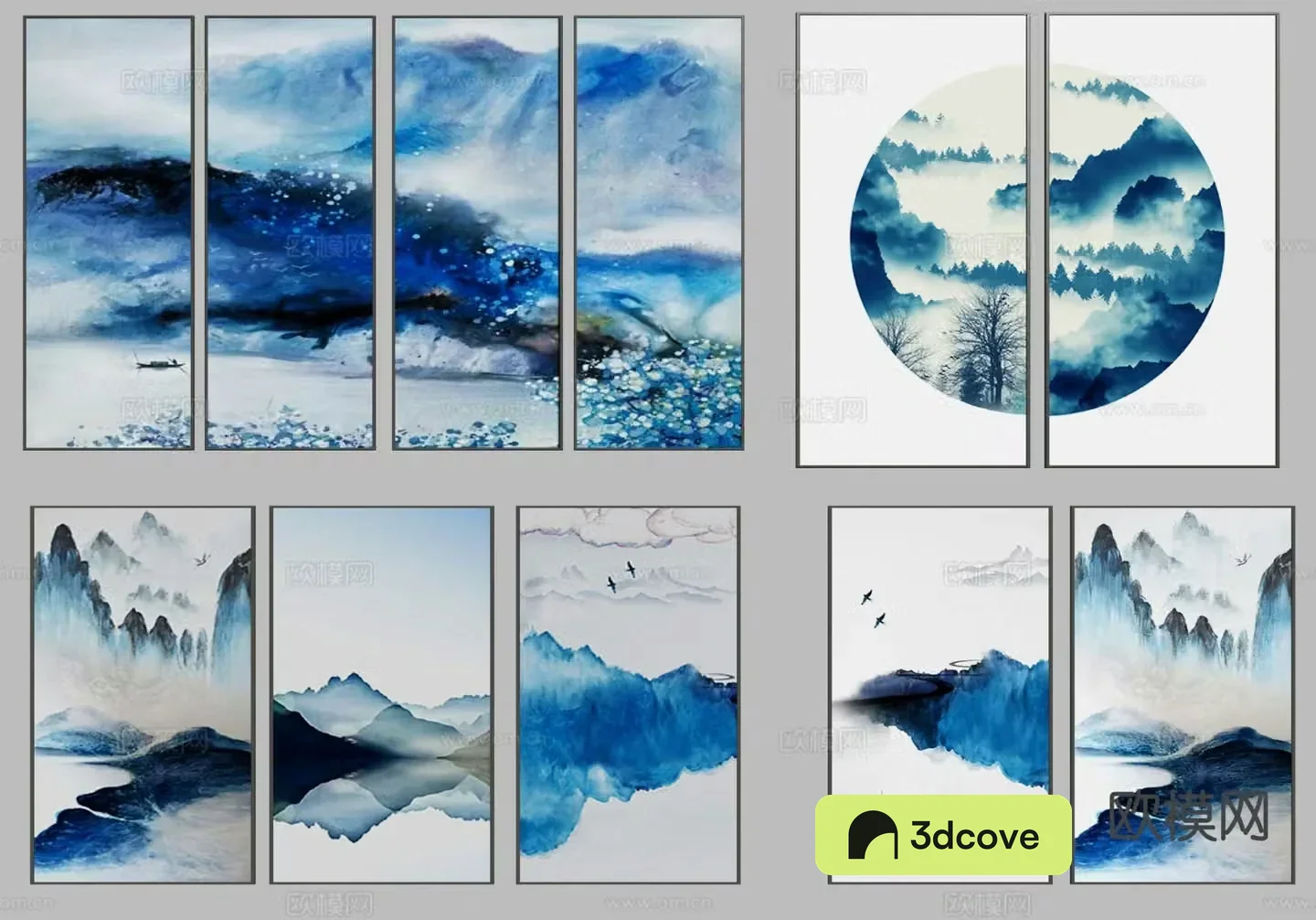 New Chinese style landscape painting blue ink painting