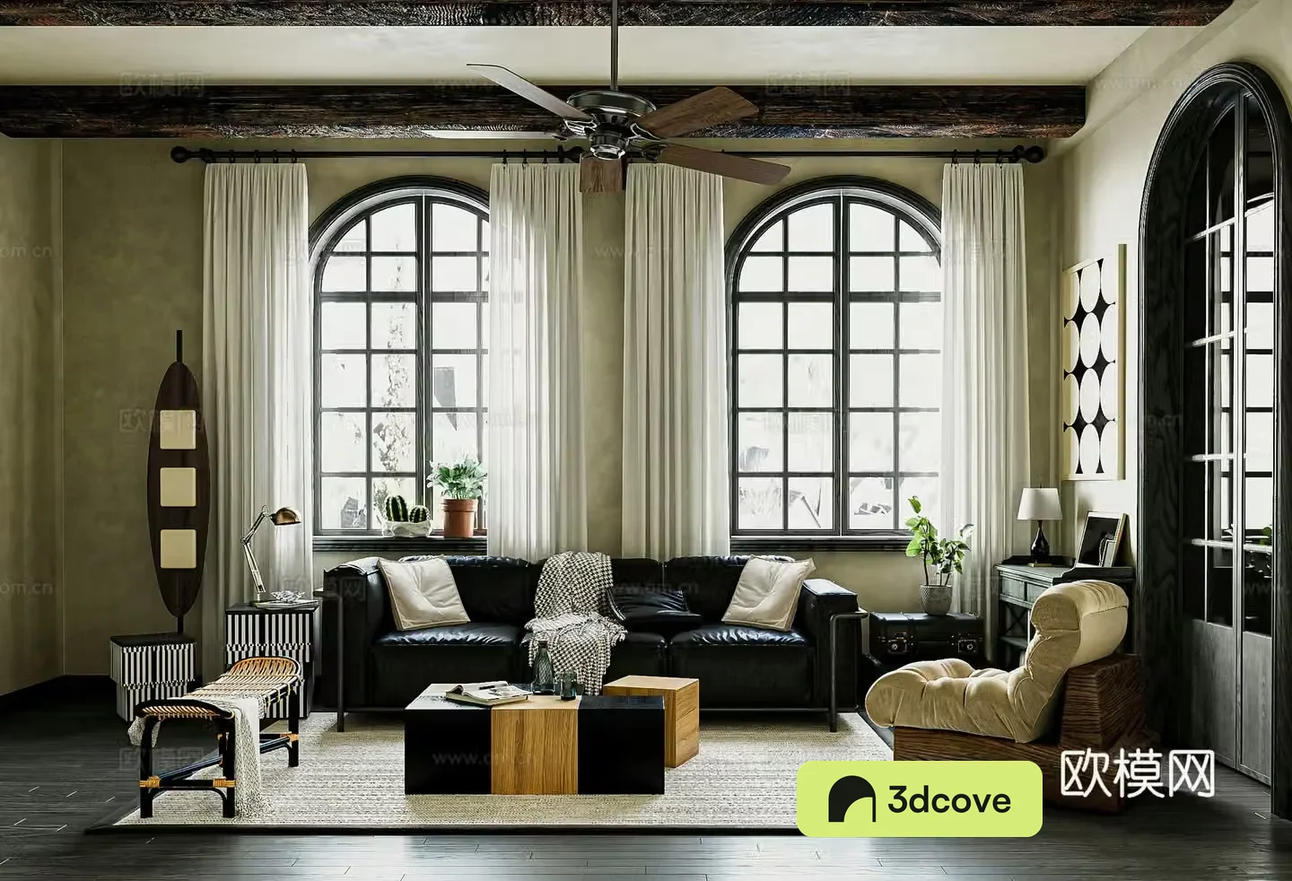 American retro villa living room oily wax leather sofa rattan bench floor lamp side cabinet