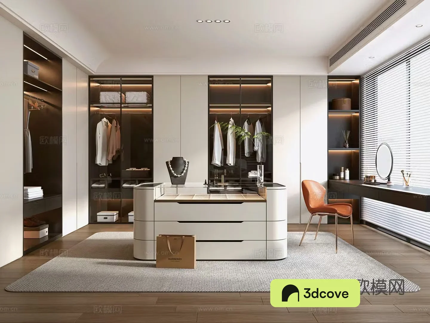 Modern light luxury cloakroom Zhongdao cloakroom Dressing table Cosmetics Clothing bag Storage
