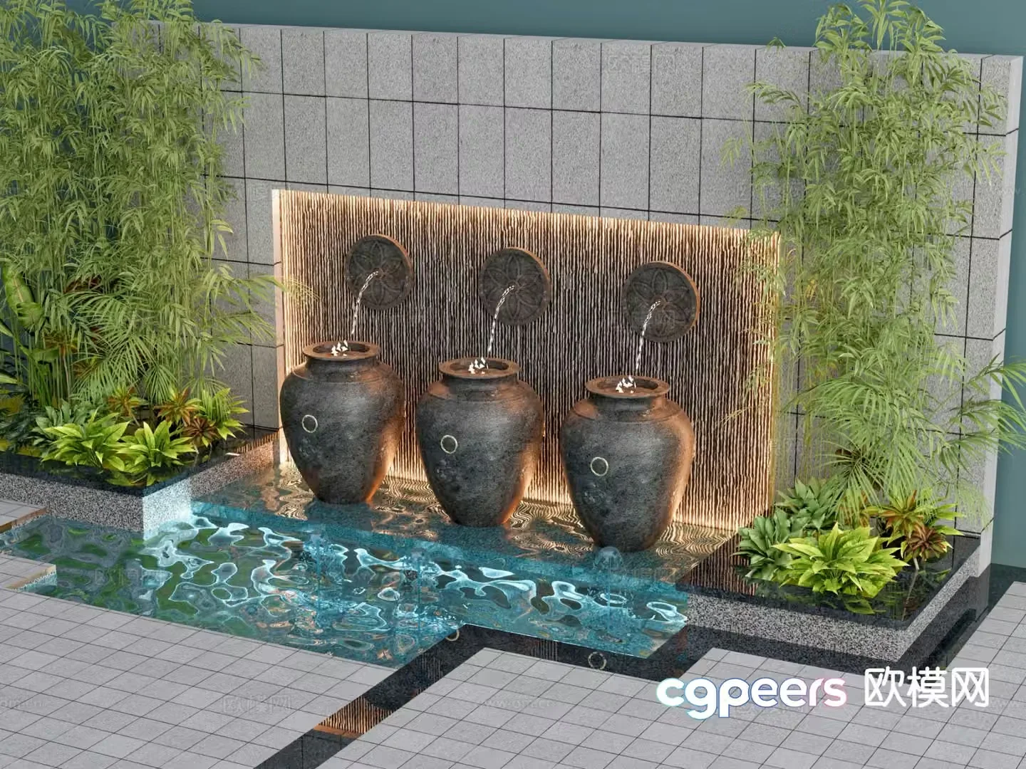 New Chinese style courtyard waterscape flowing water landscape 3D model