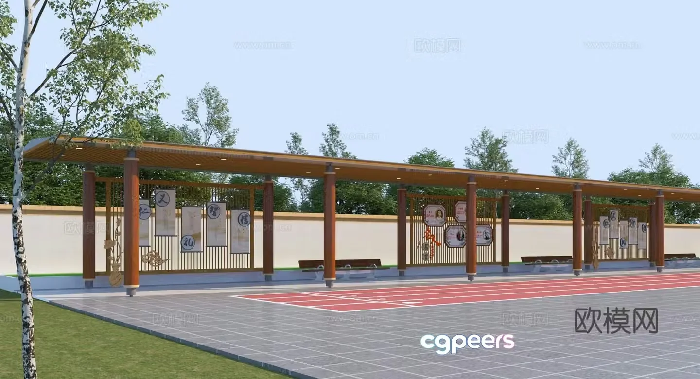 New Chinese style campus corridor 3D model