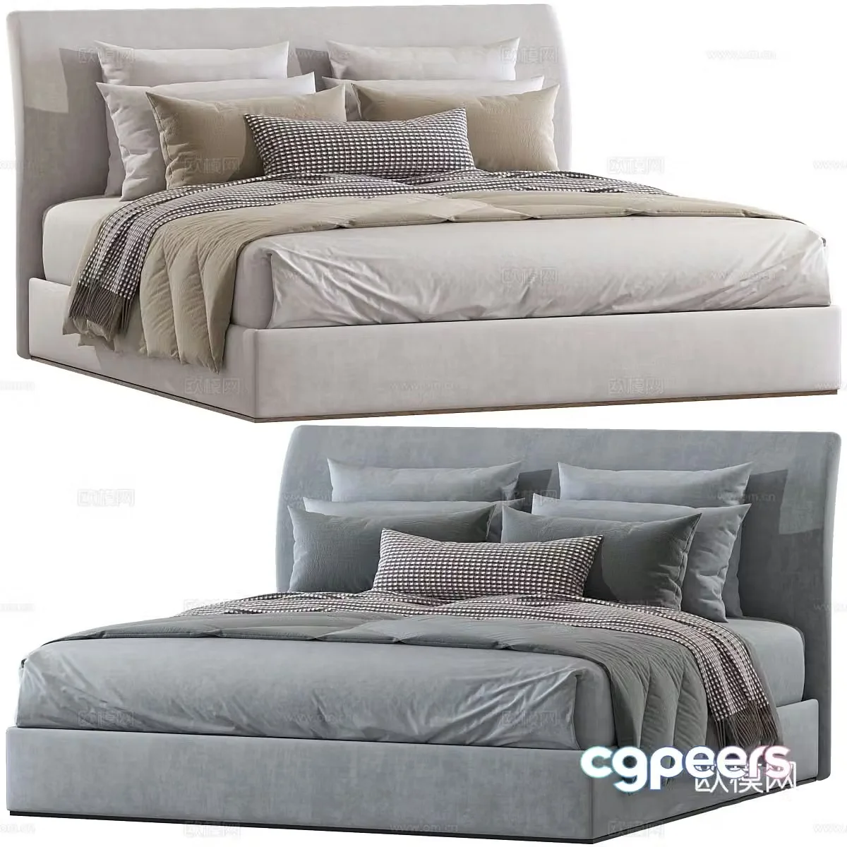 Modern cream style fabric double bed 3d model